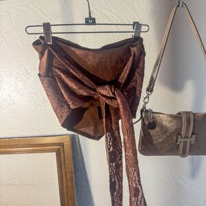 WESTFADE Brown Faux Suede and Lace Tie-Front Top